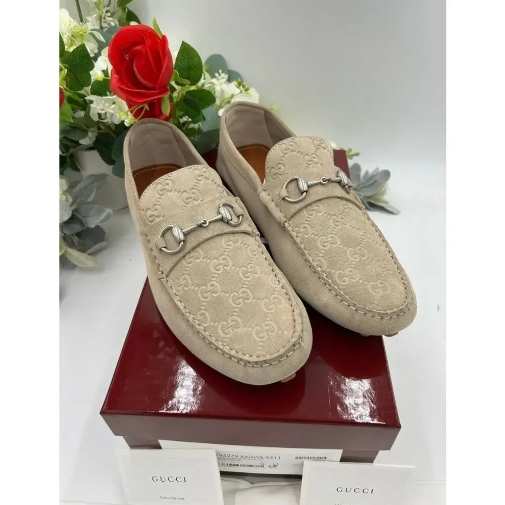 Men's Gucci, GG embossed suede driver loafers size 11 fits 11.5 US made in Italy